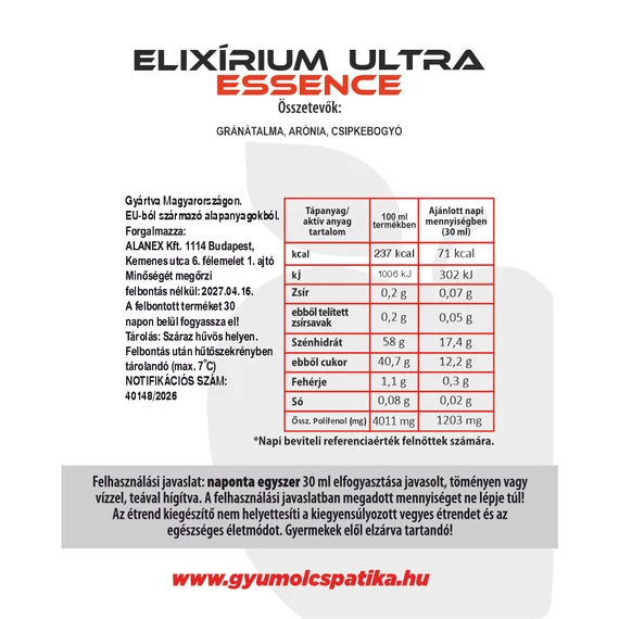 Elixírium ULTRA ESSENCE-EXTRA magas polifenol tartalmú étrend-kiegészítő, 100% gyümölcs szuperkoncentrátum 350ml