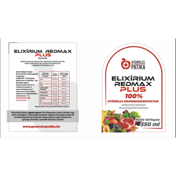 Elixírium REDMAX PLUS 100% gyümölcs szuperkoncentrátum polifenolokat tartalmazó étrend-kiegészítő 3x350ml