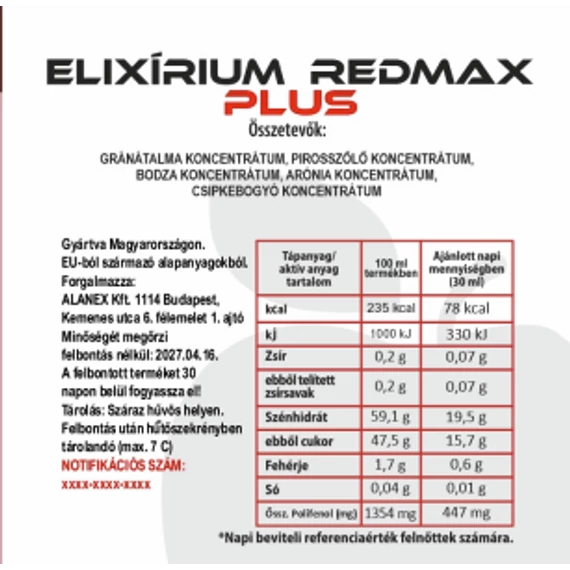 Elixírium REDMAX PLUS 100% gyümölcs szuperkoncentrátum polifenolokat tartalmazó étrend-kiegészítő 6x350ml